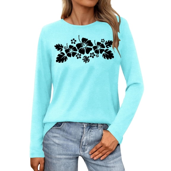 Telankuip Soft Comfortable T-Shirts for Womens Fashion Floral Printed Preppy Oversized Cute Graphic Crewneck Pullover Tops Long Sleeve Lightweight Thin Basic Casual Y2k Tees Sky Blue S