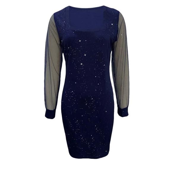 Telankuip Sparkly Dresses for Women Mesh Long Sleeve Square Neck Bodycon Mini Dress Bling Glitter Slimming Solid Color Retro Elegant Evening Short Dresses Blue S