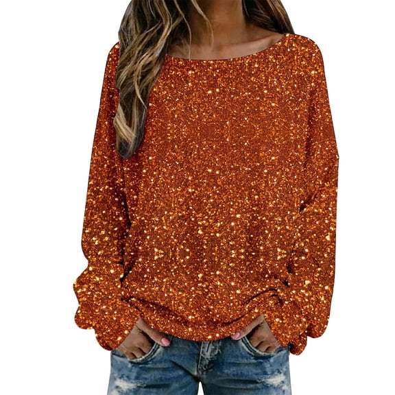 Telankuip Sparkly Sequin Printed Sweaters for Women Round Neck Long Sleeve Carnival Party Tops Lightweight Soft Comfy Holiday Party Casual Outfits Loose Fit Versatile Blouse 16-Orange S