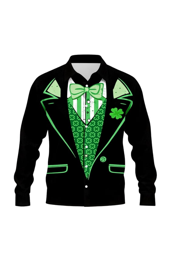 St. Patrick's Day Suit-Style Print Dressy Shirts for Men Comfortable Button down Long Sleeve Tops Shamrock Patterns Lightweight for Business and Daily Wear 1-Black XXL