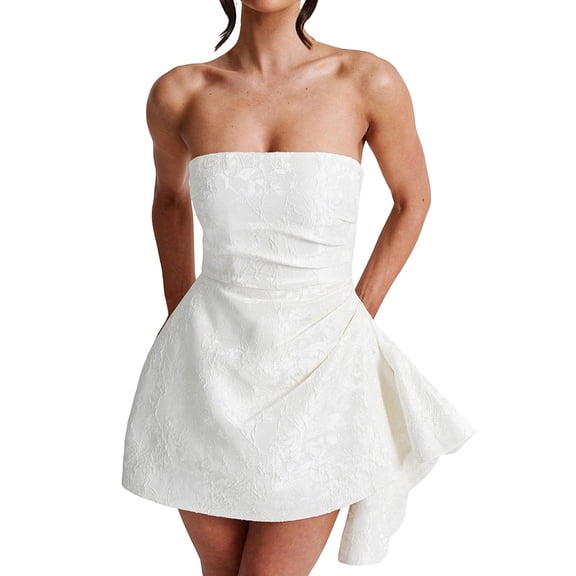 Telankuip Strapless Homecoming Mini Dress for Women Satin Floral Print off the Shoulder Short Formal Dress Trendy Solid Color Short Bodycon Cocktail Party Dress 2025 White M