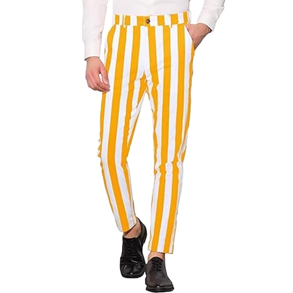 Telankuip Striped Dress Pants for Mens Straight Leg Color Block Stretch Tight Business Casual Trousers Lightweight Comfort Trendy Work Pant with Pockets for Daily Wear Yellow2 L