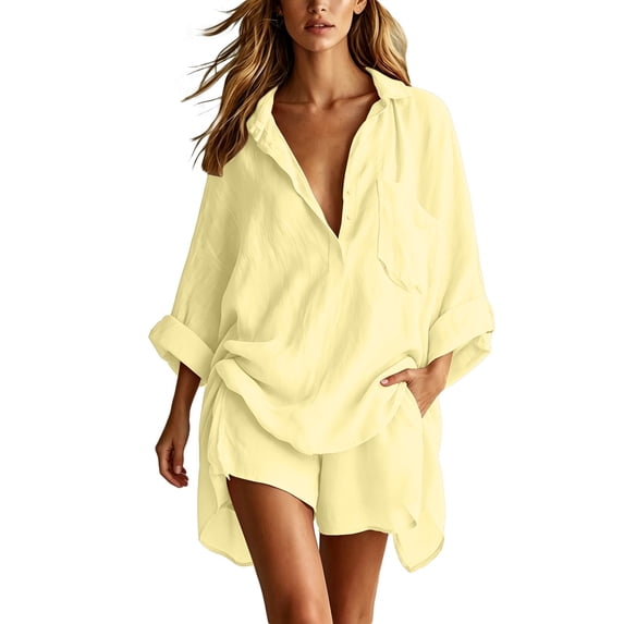 Telankuip Summer Casual Short Sets Womens Two Piece Outfits Relaxed Fit Button down Long Sleeve Chiffon Shirts and Baggy Wide Leg Shorts Stylish Pure Color Vacation Matching Sets Yellow XL