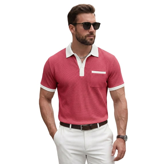 Telankuip Summer Color Block Waffle Short Sleeve Polo Shirts for Men Casual Textured Quarter Button Collar Comfortable Breathable Top Dress Business Work Shirt with Pocket Red L