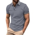 thumbnail image 1 of Telankuip Summer Mens Polo Shirts Stripe Color Blocking Button Standing Collar Short Sleeved Sports T Shirt Comfortable Slim Fit Breathable Fashion Tee for Daily Wear Grey S, 1 of 4