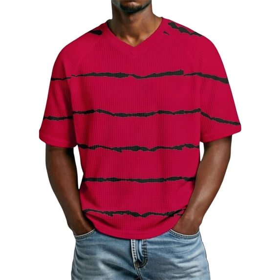 Telankuip Summer Mens Striped T-Shirts Loose Fit V-Neck Raglan Sleeved Waffle Casual Tees 2026 Fashion Beach Vacation Short Sleeve Tops Soft Breathable for Everyday Wear 1-Red XL