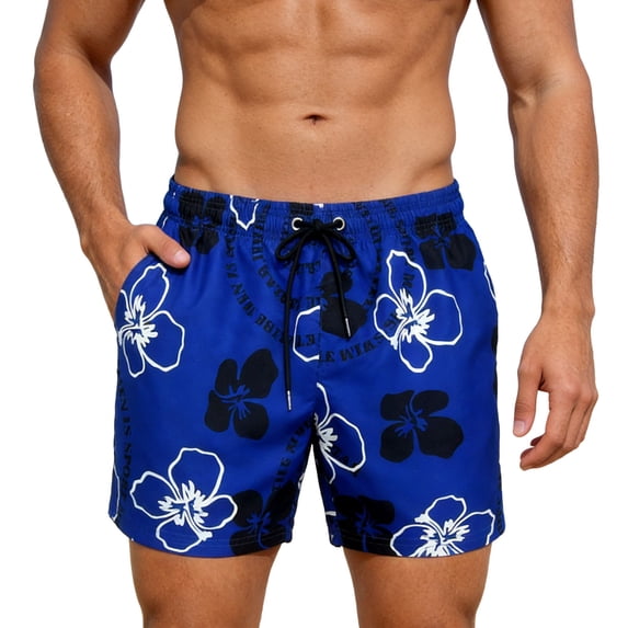 Telankuip Summer Pattern Printing Swim Shorts for Men Fashion Relaxed Fit Elastic Waist Drawstring Swim Trunks with Pockets Casual Comfortable Breathing Beach Holiday Board Shorts 3-Blue S