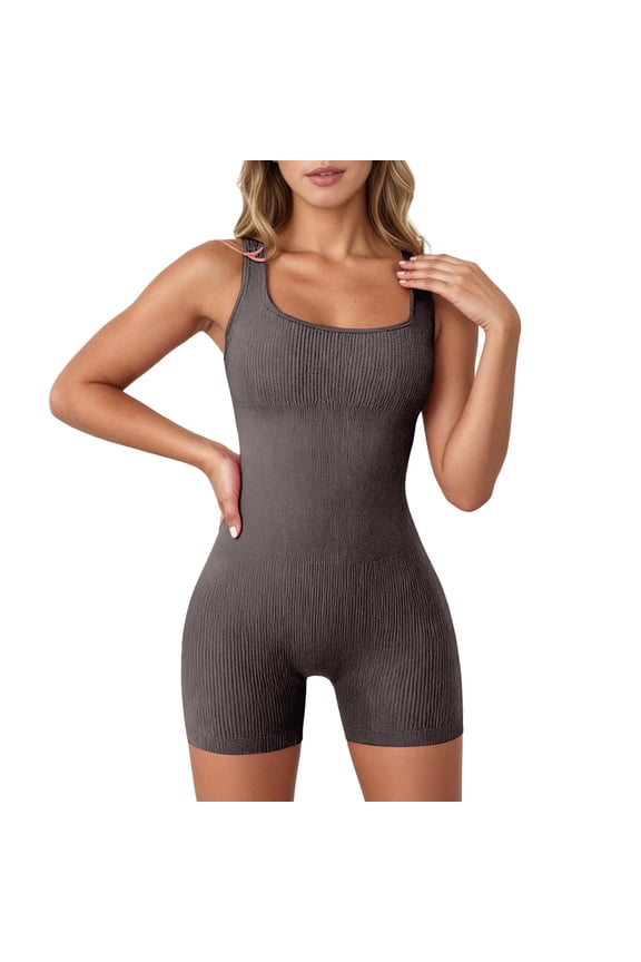 Summer Ribbing Jumpsuits for Women Casual Square Neck Sleeveless Basic Bodycon Jumpsuit Stretchy Comfortable for Yoga Gym Fitness Workout and Daily Going out Wear Grey1 S