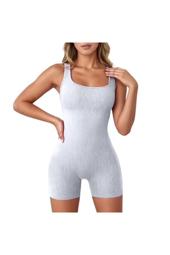 Summer Ribbing Jumpsuits for Women Casual Square Neck Sleeveless Basic Bodycon Jumpsuit Stretchy Comfortable for Yoga Gym Fitness Workout and Daily Going out Wear White1 S