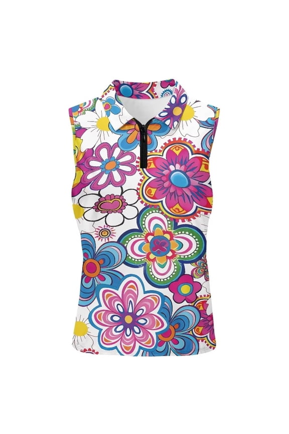 Summer Women's Floral Print Sleeveless Golf Tank Tops Trendy Quarter Zipper Collared Sleeveless Tennis Top Ladies Casual Slim Breathable Comfortable Activewear 5-White L