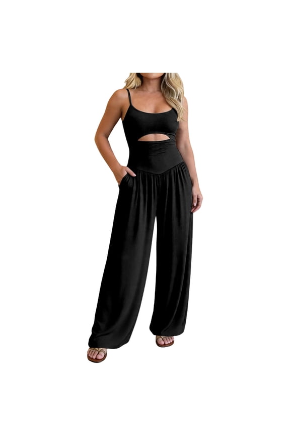 Summer Workout Camisole Jumpsuits for Women Trendy Sleeveless Stretch Tummy Control Cutout Front Wide Leg Jumpsuit Solid Color Back Tie Lightweight Comfort Daily Wear Black M