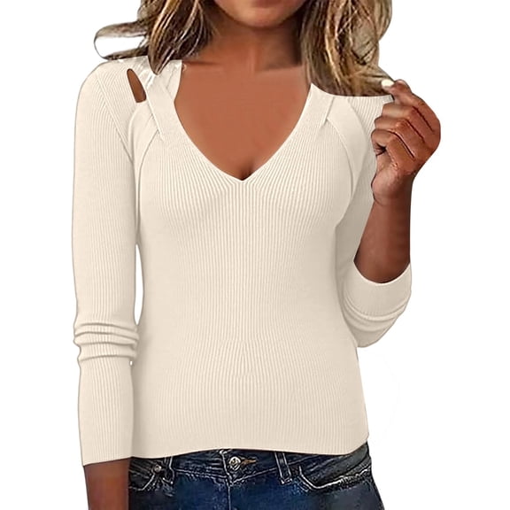 Telankuip Sweaters for Women Halter Neck Design Long Sleeve Ribbing Knit Sweater Tops Casual V-Neck Fashion Slim Fit Pullovers 2025 Fall Winter Outfits Beige XL