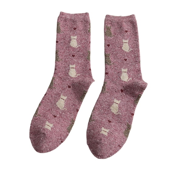 Telankuip Thick Warm Cat Print Casual Socks for Women Cozy Homewear Fashion Warm Medium Tube Socks Fall Winter Comfort Mid-Calf Socks for Daily Wear Purple One Size