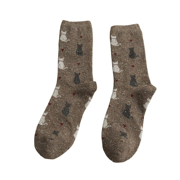 Telankuip Thick Warm Cat Print Casual Socks for Women Cozy Homewear Fashion Warm Medium Tube Socks Fall Winter Comfort Mid-Calf Socks Perfect for Daily Wear Coffee One Size