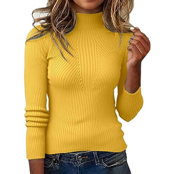 Telankuip Thin Cozy Sweaters for Women Turtleneck Long Sleeve Slim Fit Pullovers Sweater Comfortable Soft Solid Color Ribbing Knit Fall Winter Base Layer Tops Yellow XL