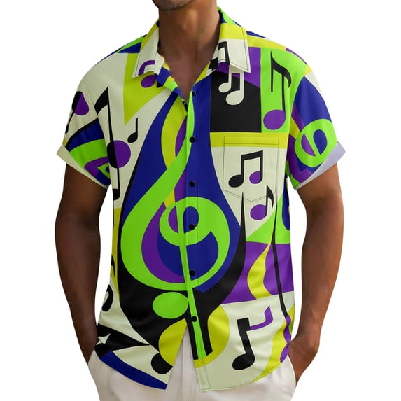 Telankuip Tropical Music Festival Print Short Sleeve Casual Shirts Mens Loose Breathable Button down Shirt for Beach Vacation 2026 Summer Colorful Stylish Tops with Pocket Green S