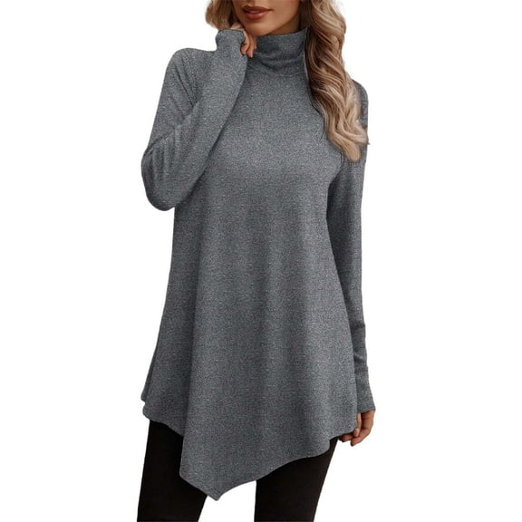 Telankuip Turtleneck Solid Color Fall T Shirts for Women Long Sleeve Loose Fit Long Tunic Tops to Wear with Leggings Casual Winter Base Layering Pullover Tee Shirts 2025 Dark Gray XXL