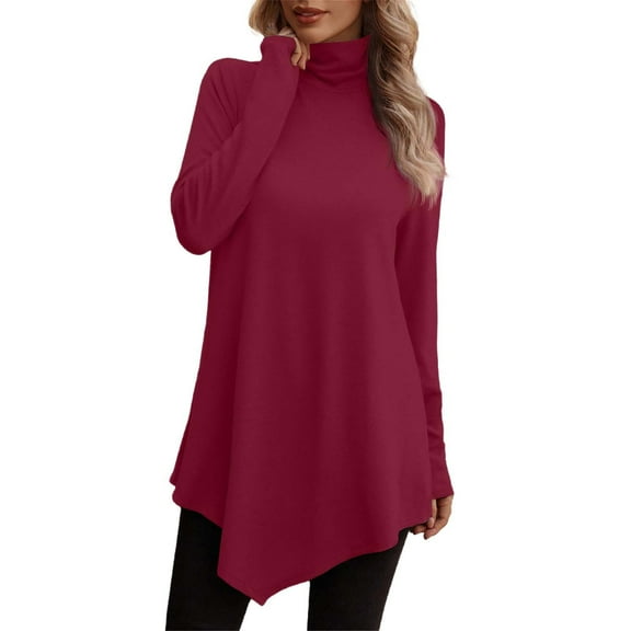Telankuip Turtleneck Solid Color Fall T Shirts for Women Long Sleeve Loose Fit Long Tunic Tops to Wear with Leggings Casual Winter Base Layering Pullover Tee Shirts 2025 Wine L