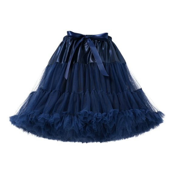 Telankuip Tutu Skirts for Women Elastic High Waisted Bow Tie as Well as Petticoat Above Knee Underskirt Boneless Soft Mesh Solid Color Tulle Crinoline Slip for Birthday Party Navy One Size