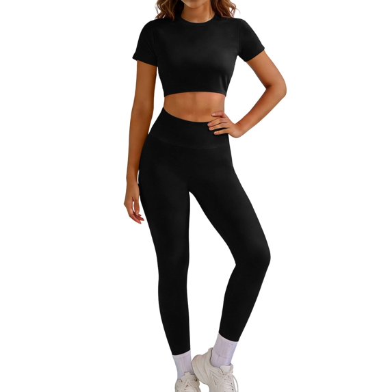Telankuip Two Piece Workout Sets for Women Solid Color Back Hollow Round Neck Short Sleeve Crop Top and Seamless High Waist Leggings Comfy Breathable Outdoor Sports Outfits Black L