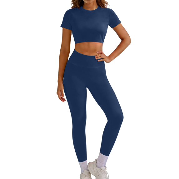 Telankuip Two Piece Workout Sets for Women Solid Color Back Hollow Round Neck Short Sleeve Crop Top and Seamless High Waist Leggings Comfy Breathable Outdoor Sports Outfits Navy XL