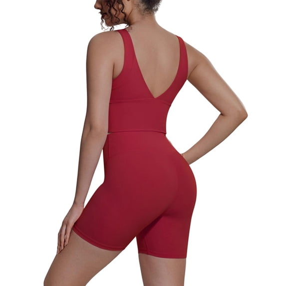 Telankuip Two Piece Workout Sets for Women Tummy Control Cropped Scoop Neck V-Back Sports Tank Tops Matching High Waisted Yoga Althetic Shorts Solid Color Basic Sports Outfits Red XL
