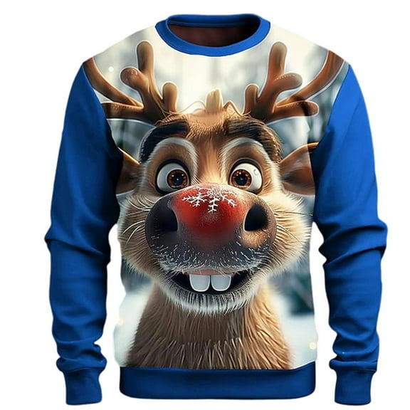 Telankuip Ugly Christmas Funny Large Reindeer Graphic Sweatshirts for Men Crewneck Xmas Holiday Pullovers Novelty 3D Print Long Sleeve Hoodless Tops Blue M
