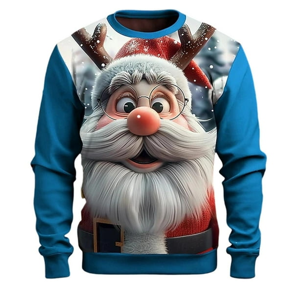 Telankuip Ugly Christmas Funny Large Reindeer Graphic Sweatshirts for Men Crewneck Xmas Holiday Pullovers Novelty 3D Print Long Sleeve Hoodless Tops Blue2 M
