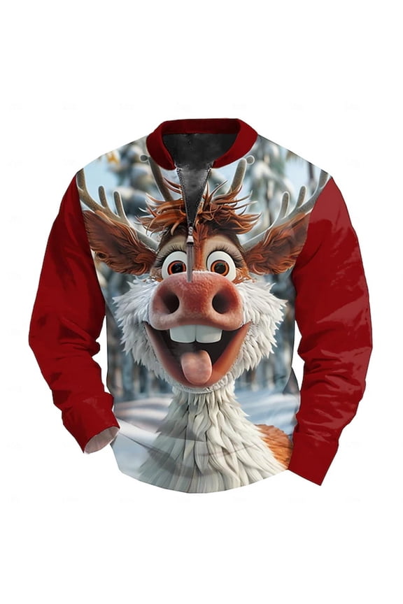 Christmas Quarter Zipper Sweatshirts for Men Funny Large Reindeer Graphic V-Neck Xmas Holiday Pullovers Novelty 3D Print Long Sleeve Hoodless Tops Red S