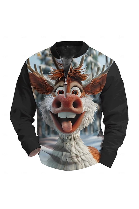 Christmas Quarter Zipper Sweatshirts for Men Funny Large Reindeer Graphic V-Neck Xmas Holiday Pullovers Novelty 3D Print Long Sleeve Hoodless Tops Black XL
