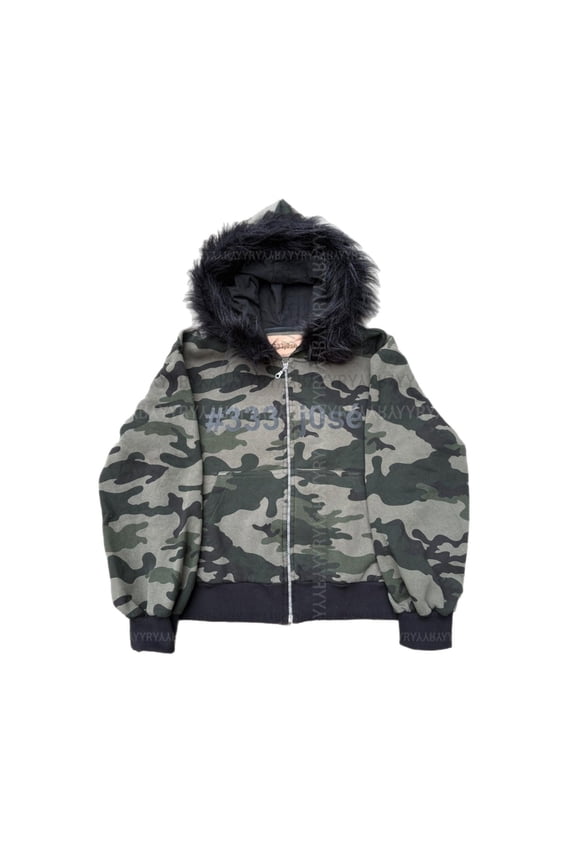 Unisex Camouflage Fuzzy Collar Hooded Sweatshirts Long Sleeve Full Zipper Hoodie Jacket with Pockets Relaxed Fit Comfortable Warm Winter Casual Workout Fashion Outwear 1-Camo XL
