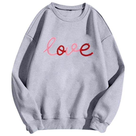 Telankuip Unisex Preppy Love Printed Sweatshirts Valentine's Day Oversized Drop Shoulder Long Sleeve Pullovers Fall Winter Long Sleeve Comfy Trendy Hoodless Tops for Couples Light Gray M
