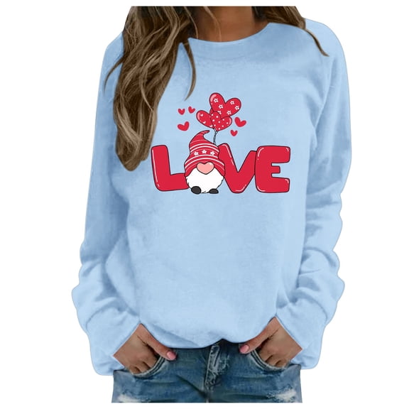 Telankuip Valentine Crewneck Sweatshirts for Women Gnome Love Heart Printed Long Sleeve Pullovers Soft Comfortable Trendy Casual Funny Hoodless Tops for Valentines Gift Light Blue S