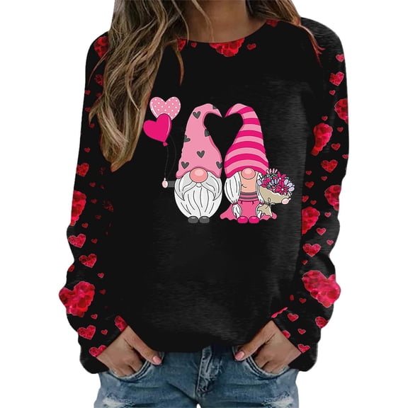 Telankuip Valentines Day Sweatshirts for Women Gnome Love Heart Graphic Print Long Sleeve Shirts Crewneck Loose Fit Casual Trendy Soft Comfy Pullover Tops Holiday Clothes 5-Black S