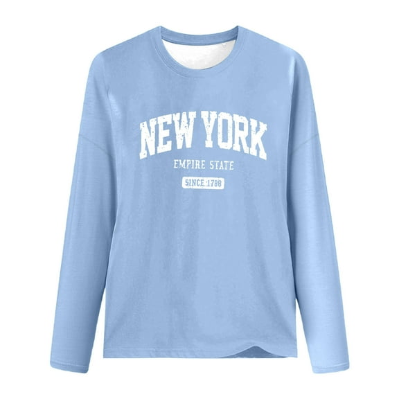 Telankuip Vintage New York Empire State Nyc Long Sleeve T-Shirts Loose Fit Fashion Letter Print Crewneck Pullover Tops Solid Color Soft Lightweight Fall Going out Tops Thin Sports Tees Light Blue XL