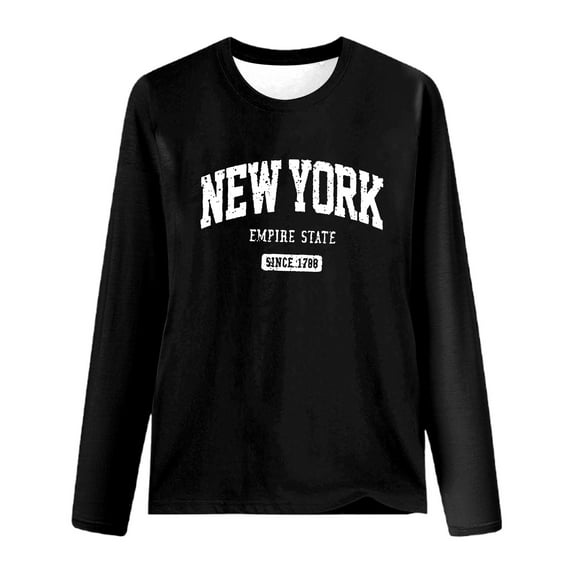Telankuip Vintage New York Empire State Nyc Long Sleeve T-Shirts Loose Fit Fashion Letter Print Crewneck Pullover Tops Solid Color Soft Lightweight Fall Going out Tops Thin Sports Tees Black XL