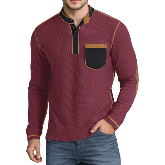 Telankuip Waffle Henley Shirts for Men Casual Stylish Color Block Long Sleeve Banded Collar Button up Pocket Knit Pullover Tops Soft Comfy Lightweight Streetwear Workout T-Shirts Red M