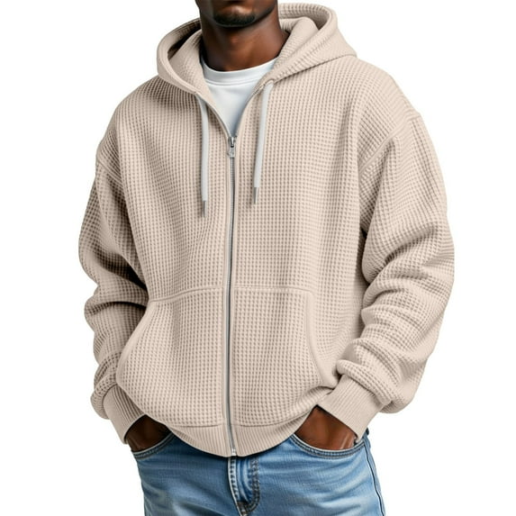 Telankuip Waffle Zip up Hoodies for Mens Soft Cozy Solid Color Hooded Sweatshirts Loose Long Sleeve Drop Shoulder Oversized Outwear Jackets with Pockets Beige XL