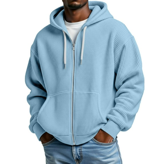 Telankuip Waffle Zip up Hoodies for Mens Soft Cozy Solid Color Hooded Sweatshirts Loose Long Sleeve Drop Shoulder Oversized Outwear Jackets with Pockets Light Blue XXL