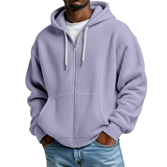 Telankuip Waffle Zip up Hoodies for Mens Soft Cozy Solid Color Hooded Sweatshirts Loose Long Sleeve Drop Shoulder Oversized Outwear Jackets with Pockets Light Purple XXXL