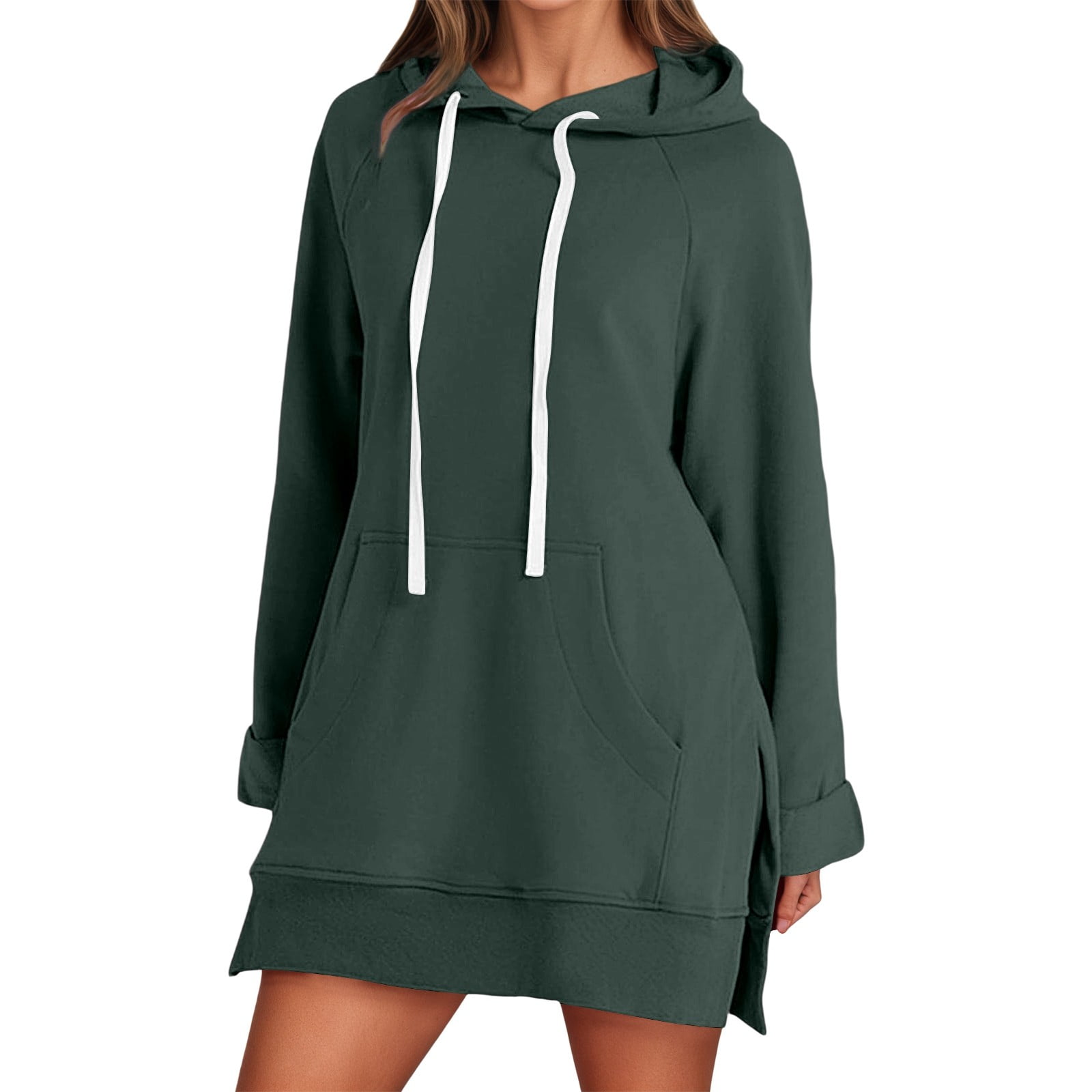 Telankuip The Warmy Oversized Hoodie Dress Women's Casual Long Sleeve Drawstring Pullover Sweatshirts Solid Color Split Hem Long Hooded Tops with Pocket Green XXXL