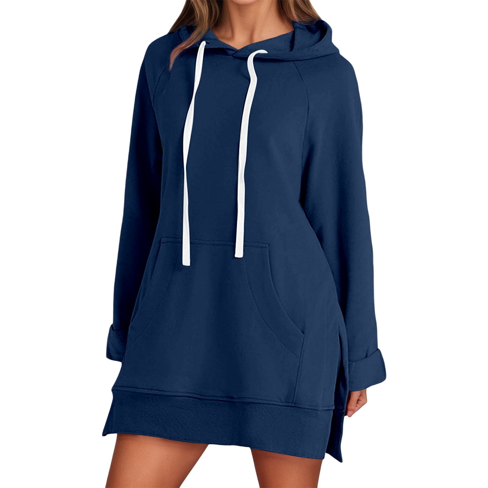 Telankuip The Warmy Oversized Hoodie Dress Women's Casual Long Sleeve Drawstring Pullover Sweatshirts Solid Color Split Hem Long Hooded Tops with Pocket Navy M