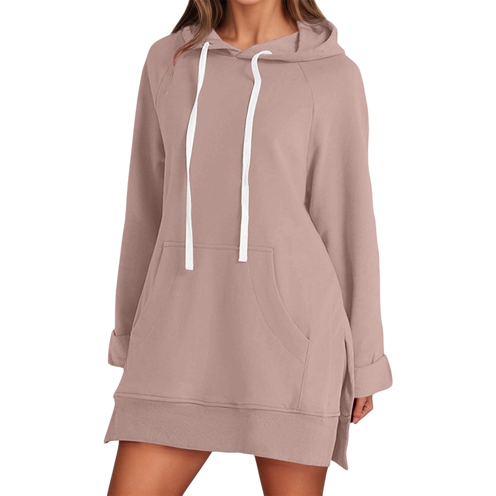 Telankuip The Warmy Oversized Hoodie Dress Women's Casual Long Sleeve Drawstring Pullover Sweatshirts Solid Color Split Hem Long Hooded Tops with Pocket Pink XL