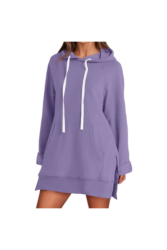 The Warmy Oversized Hoodie Dress Women's Casual Long Sleeve Drawstring Pullover Sweatshirts Solid Color Split Hem Long Hooded Tops with Pocket Purple XXL