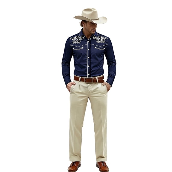 Telankuip Western Cowboy Print Shirts for Men Long Sleeve Lapel Retro Embroidered Country Top Soft Comfortable Slim Fit Button down Shirt Casual Work 1-Navy L