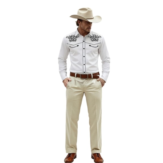 Telankuip Western Cowboy Print Shirts for Men Long Sleeve Lapel Retro Embroidered Country Top Soft Comfortable Slim Fit Button down Shirt Casual Work 1-White M