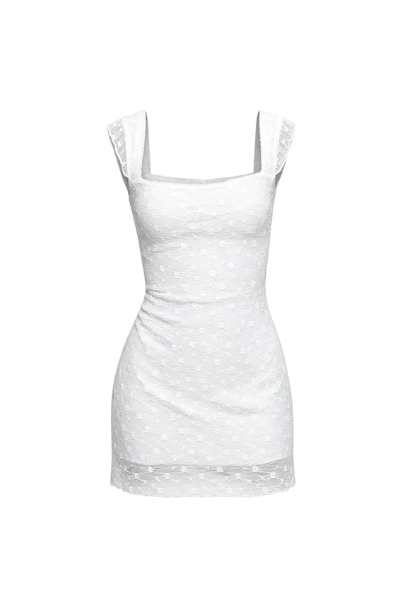 White Boho Mini Dresses for Women Square Neck Sleeveless Stretch Bodycon Short Dress Spring and Summer Elegant Lace Double Layer Casual Sundress for Daily Wear White L