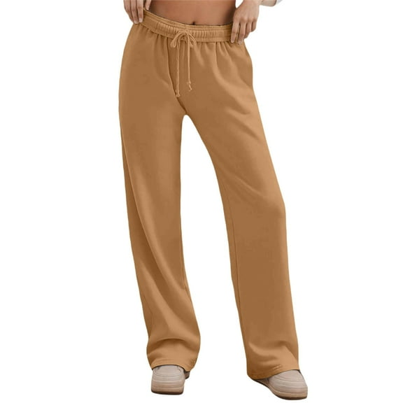 Telankuip Wide Leg Sweatpants for Women Interior Drawstring Elastic Waisted Cute Y2k Straight Casual Pants Baggy Soft Comfy Solid Color Workout Trousers with Pockets Khaki M