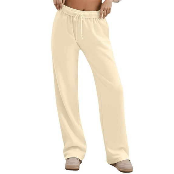 Telankuip Wide Leg Sweatpants for Women Interior Drawstring Elastic Waisted Cute Y2k Straight Casual Pants Baggy Soft Comfy Solid Color Workout Trousers with Pockets Beige L