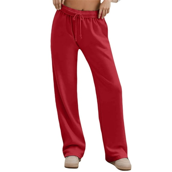 Telankuip Wide Leg Sweatpants for Women Interior Drawstring Elastic Waisted Cute Y2k Straight Casual Pants Baggy Soft Comfy Solid Color Workout Trousers with Pockets Red XL